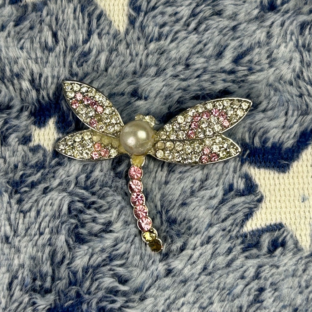 Elegant Dragonfly Brooch with Pink and Silver Accents
